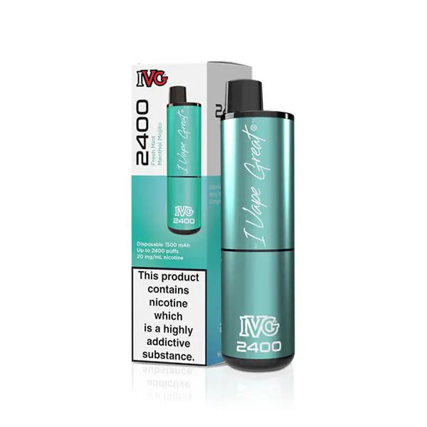 IVG 2400 Disposable Pod Kit in Fresh Menthol Mojito flavour, shown with packaging.