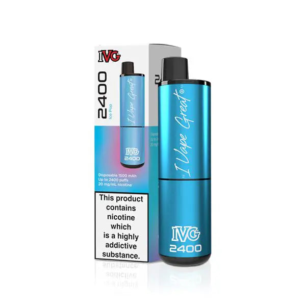 IVG 2400 Disposable Pod Kit in blue packaging with nicotine warning label.