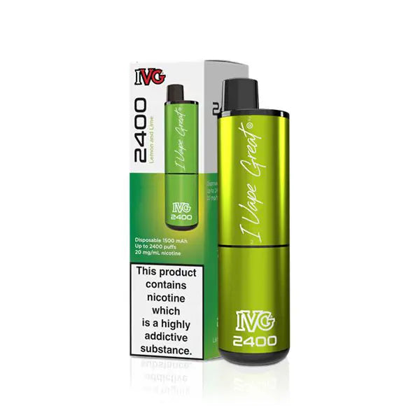 IVG 2400 disposable pod kit in lemon lime flavour, with packaging and product warning visible.