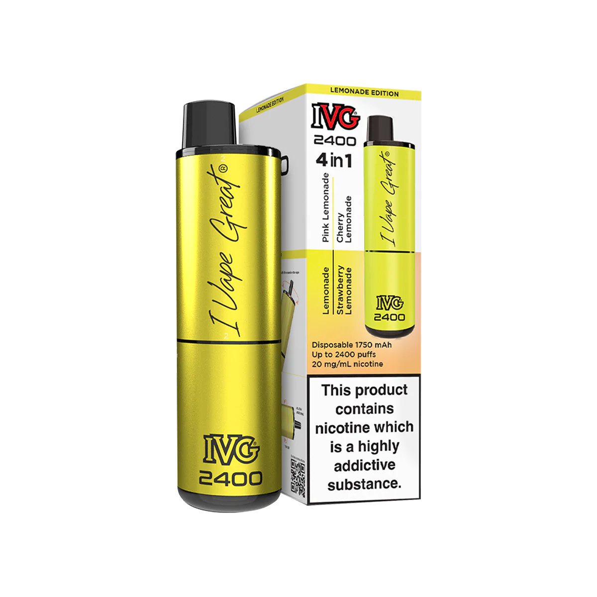 IVG 2400 Disposable Pod Kit, Lemonade Edition, 4-in-1 flavors, yellow packaging.