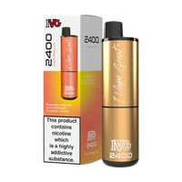 IVG 2400 Disposable Pod Kit peach mango ice, packaging with product and nicotine warning.