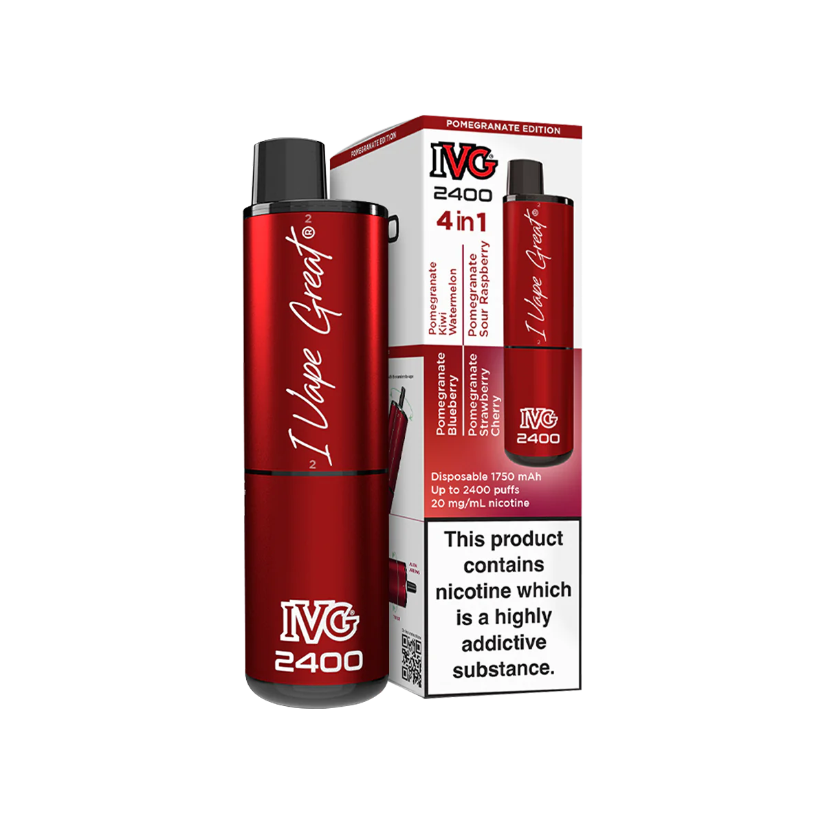 IVG 2400 Disposable Pod Kit, Pomegranate Edition, red packaging, nicotine warning visible.