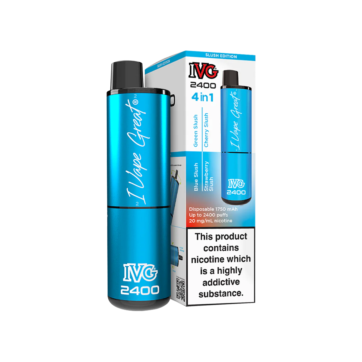 IVG 2400 Disposable Pod Kit 4 in 1 Slush Edition, featuring blue packaging and flavour options.