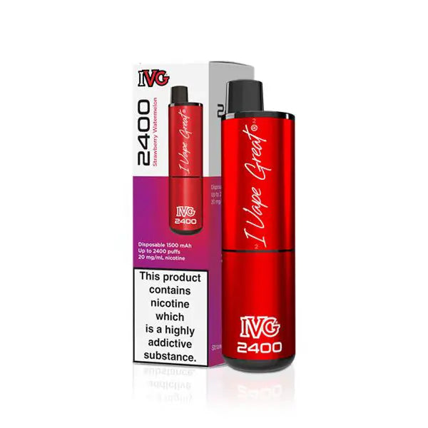 IVG 2400 Disposable Pod Kit in red, with packaging, featuring strawberry watermelon flavour.