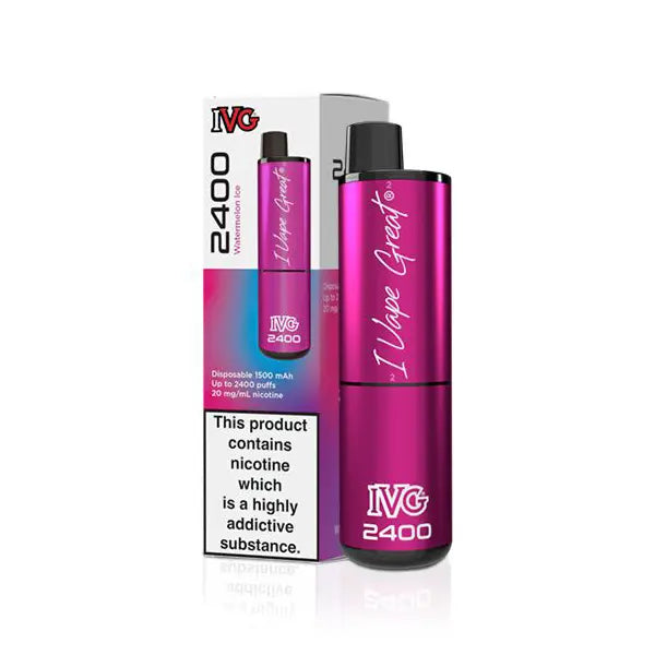 IVG 2400 Disposable Pod Kit in Watermelon Ice flavour, with bold pink packaging.