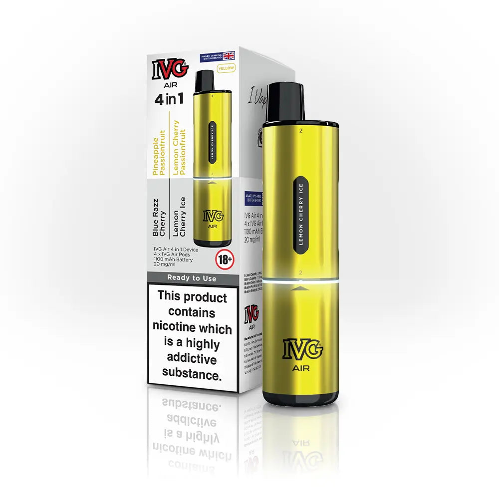 IVG Air 4 in 1 pod vape kit, yellow edition, with packaging and device displayed.