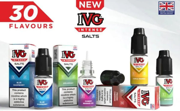 IVG Intense nic salt bottle range with 30+ flavours available in 10mg and 20mg