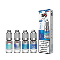 IVG Salts 4-in-1 Blue Razz Edition, 10ml bottles, featuring Blue Sour Raspberry and more.