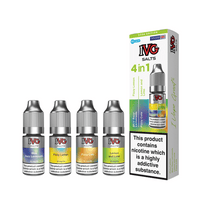 IVG Salts 4-in-1 Soda Edition: Razz Lemonade, Fizzy Lemon, Fizzy Cola, Lemon and Lime nic salts.