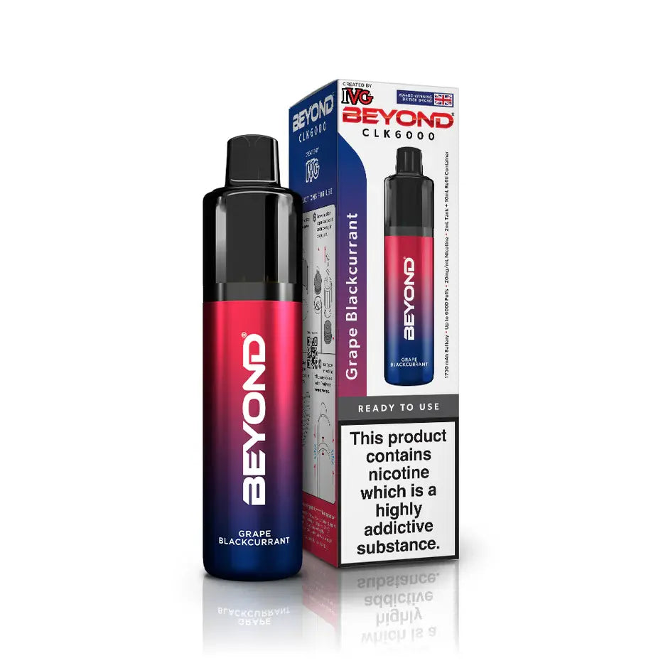 IVG Beyond CLK 6000 disposable vape kit in Grape Blackcurrant flavour, shown with packaging.