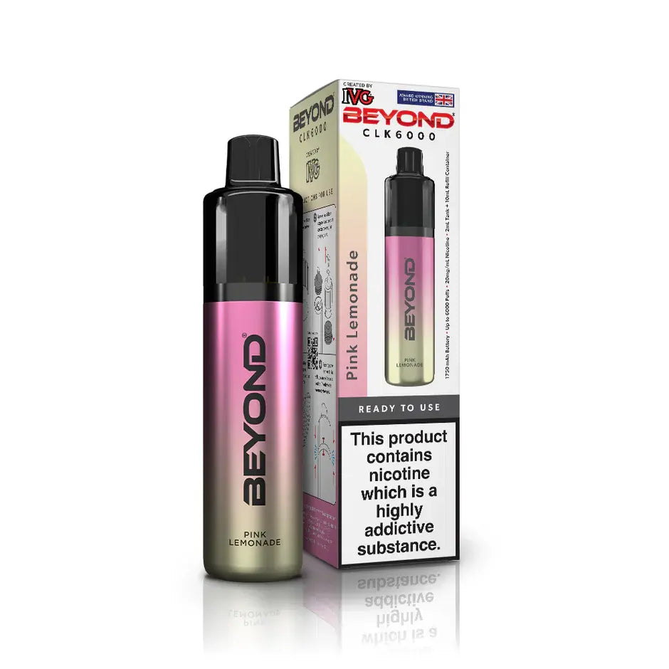 IVG Beyond CLK 6000 disposable vape kit, Pink Lemonade flavour, with packaging.