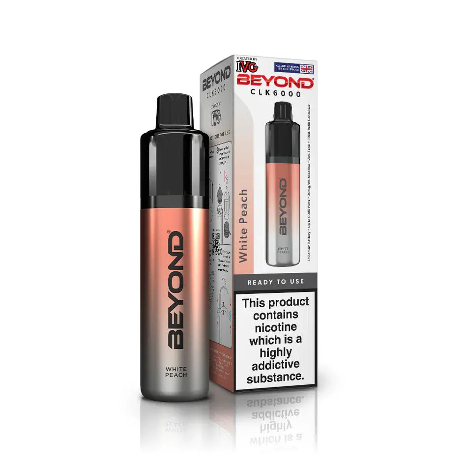 IVG Beyond CLK 6000 Disposable Vape Kit in White Peach flavour, shown with packaging.