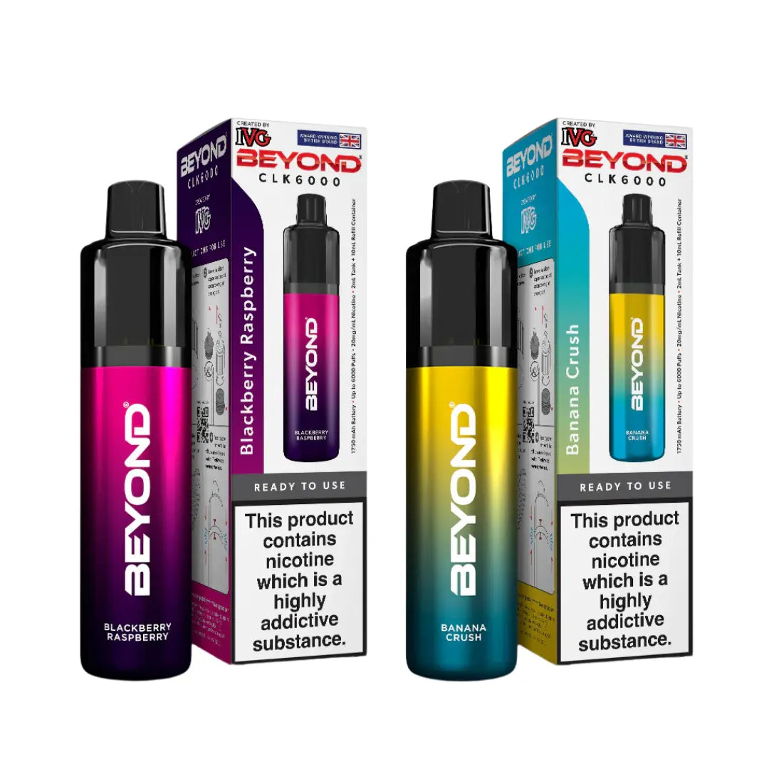 IVG Beyond CLK 6000 disposable vape kits in Blackberry/Raspberry and Banana Crush flavours.