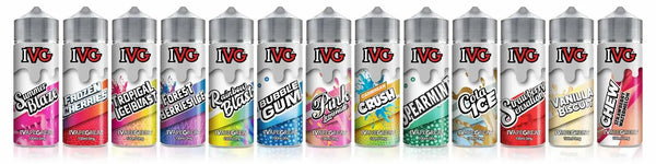 IVG 100ml shortfill range showing the breadth of fruit, fizzy and menthol flavours available
