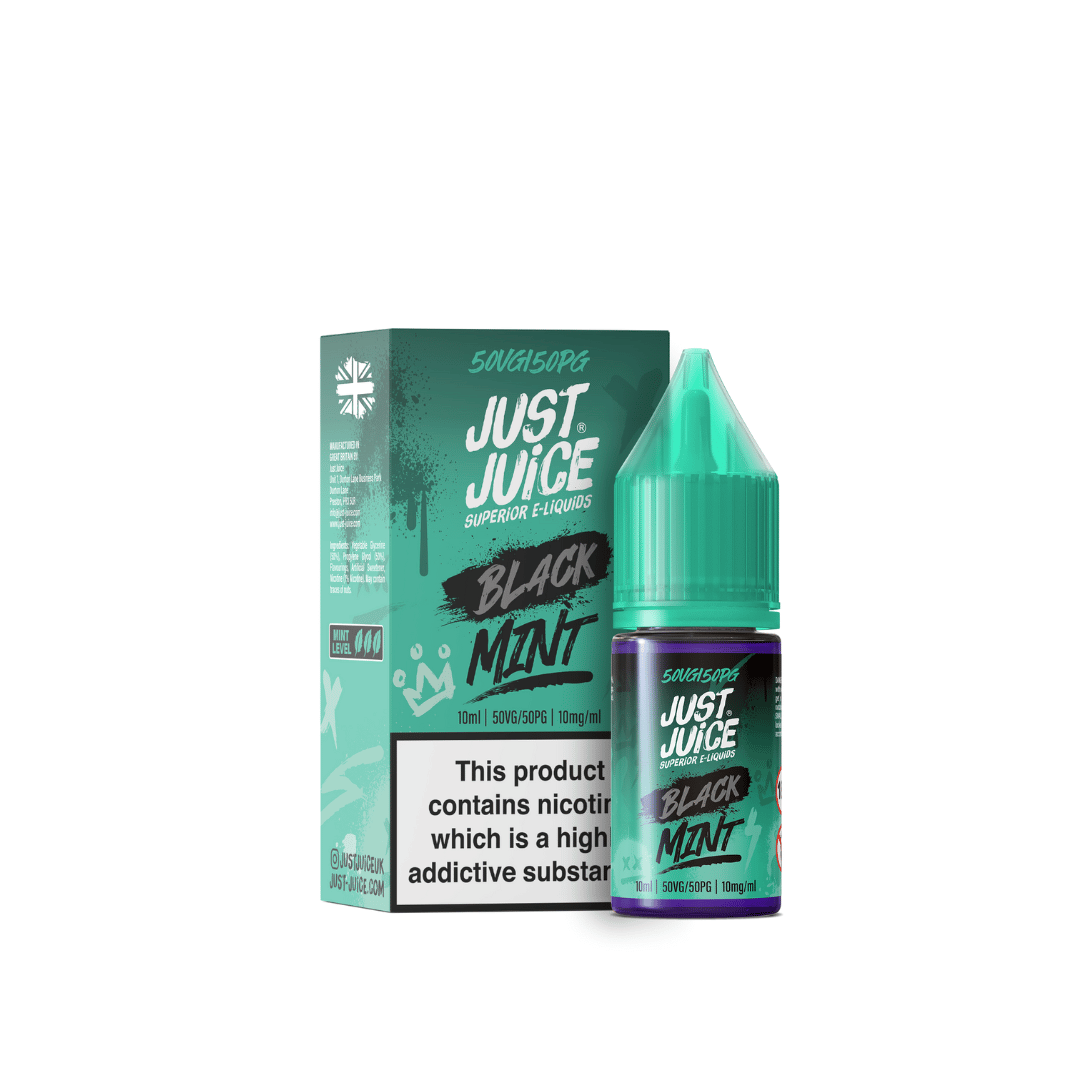 Just Juice Nic Salt Black Mint e-liquid bottle and box, teal and black design.