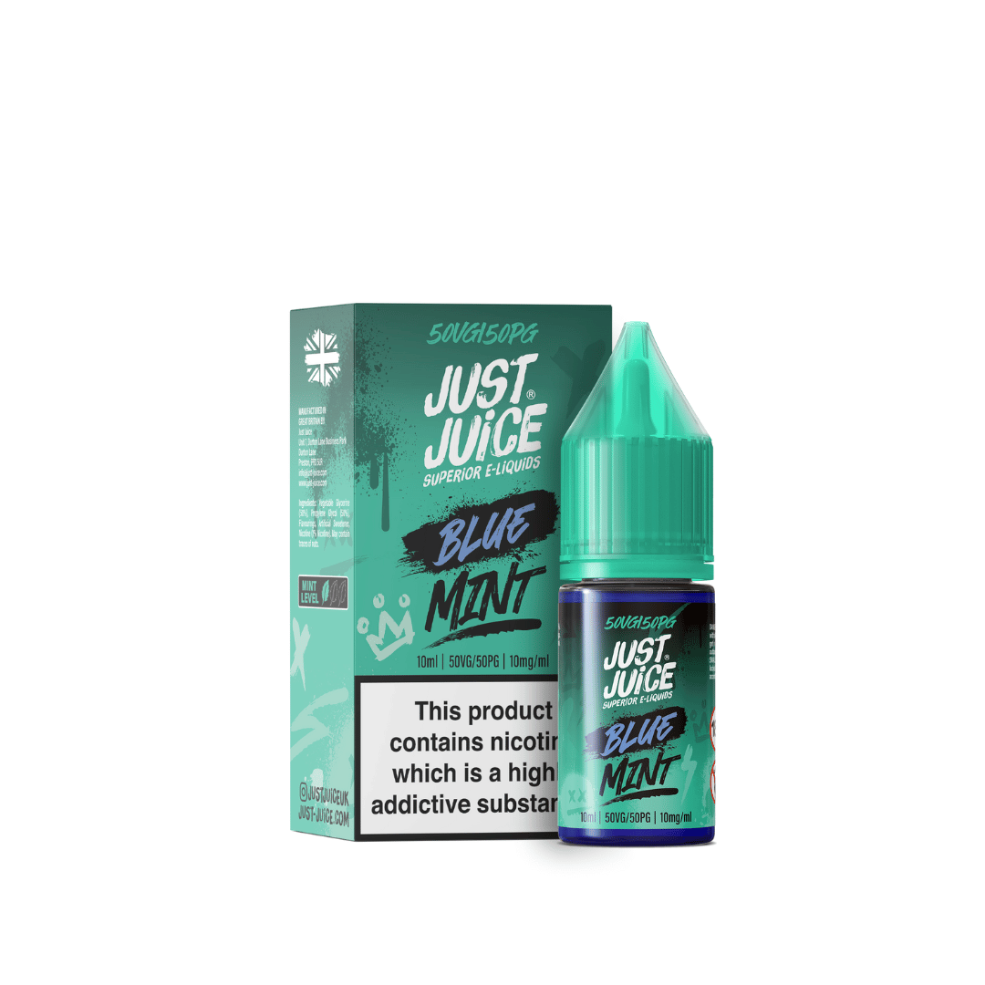 Just Juice Blue Mint Nic Salt e-liquid bottle and box with teal and blue design.