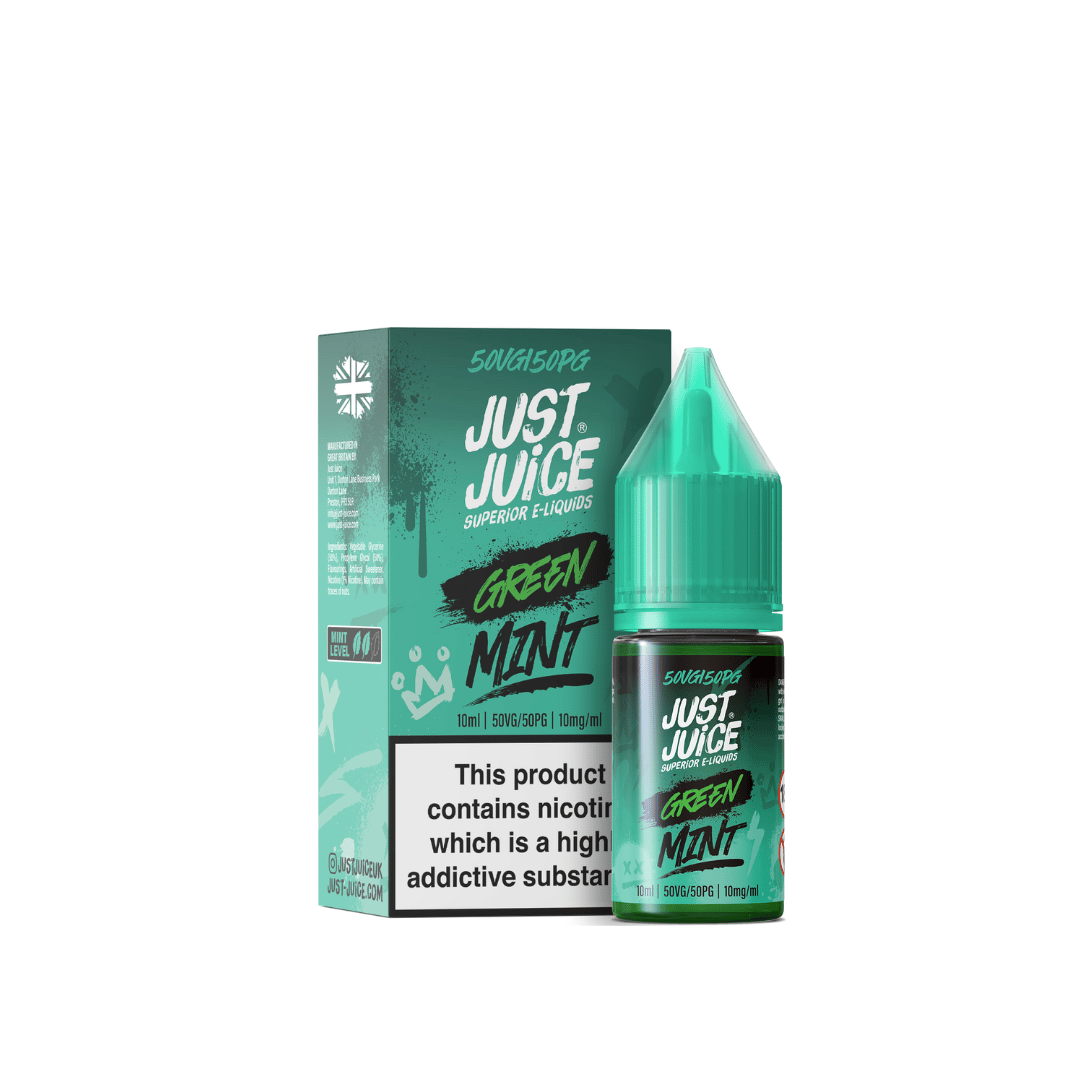 Just Juice Green Mint e-liquid box and bottle with green cap, 10mg nicotine strength.