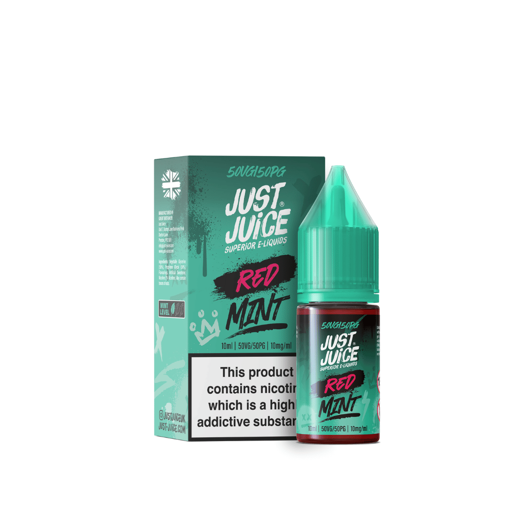 Just Juice Red Mint nic salt e-liquid bottle and box, teal and red design.