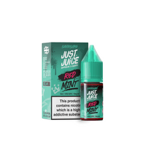 Just Juice Red Mint nic salt e-liquid bottle and box, teal and red design.