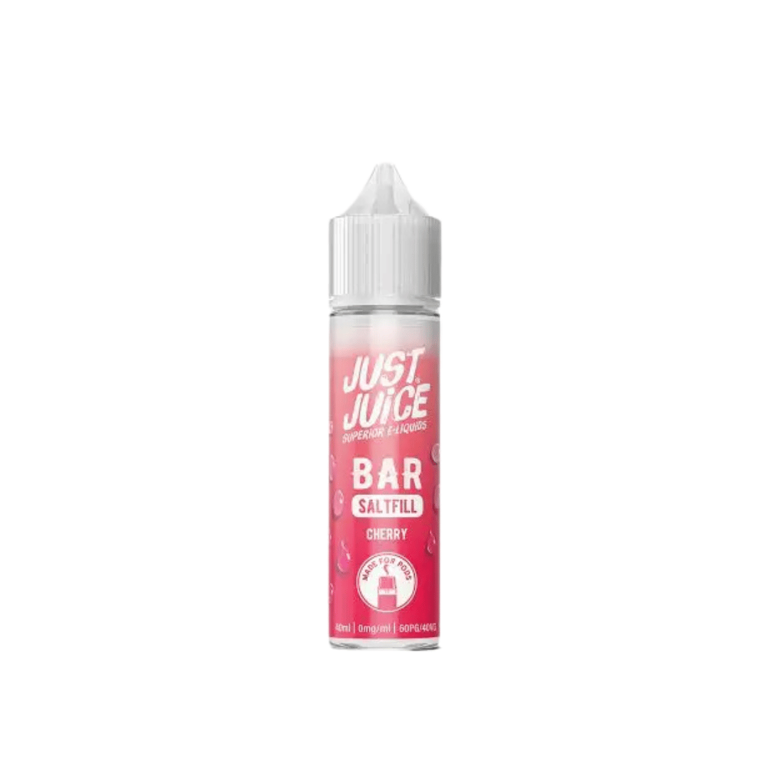 Just Juice Bar Saltfill Cherry e-liquid bottle with pink label and white cap.