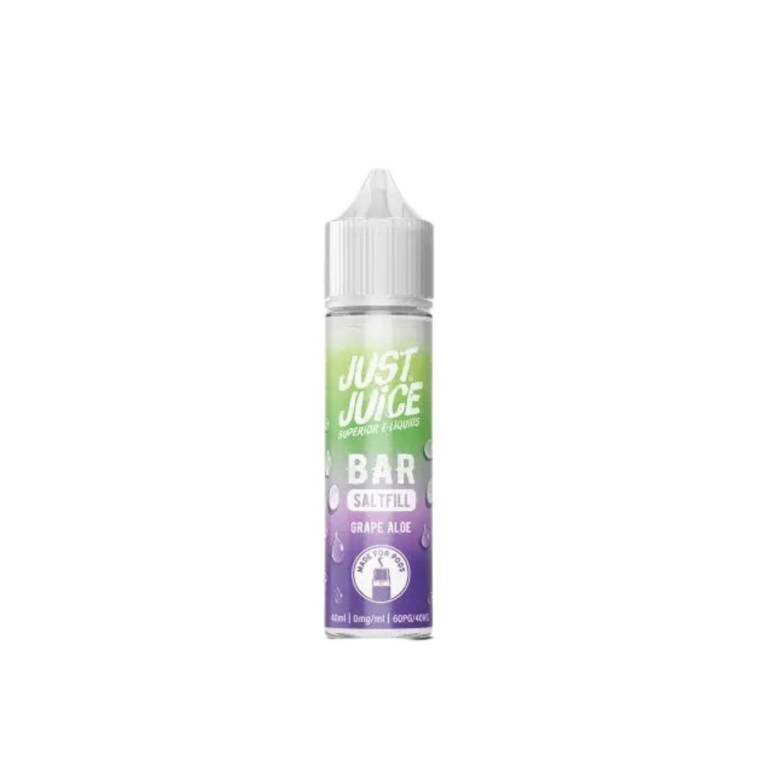 Just Juice Bar Saltfill Grape Aloe e-liquid bottle with green and purple label design.