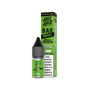 A 10ml bottle and box packaging of Just Juice Reborn 10ml nic salt e-liquid in Apple and Pear on Ice flavor.