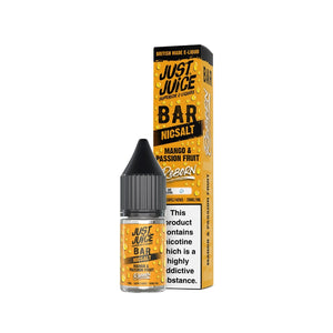 A 10ml bottle and box packaging of Just Juice Reborn 10ml nic salt e-liquid in Mango & Passion Fruit flavor.