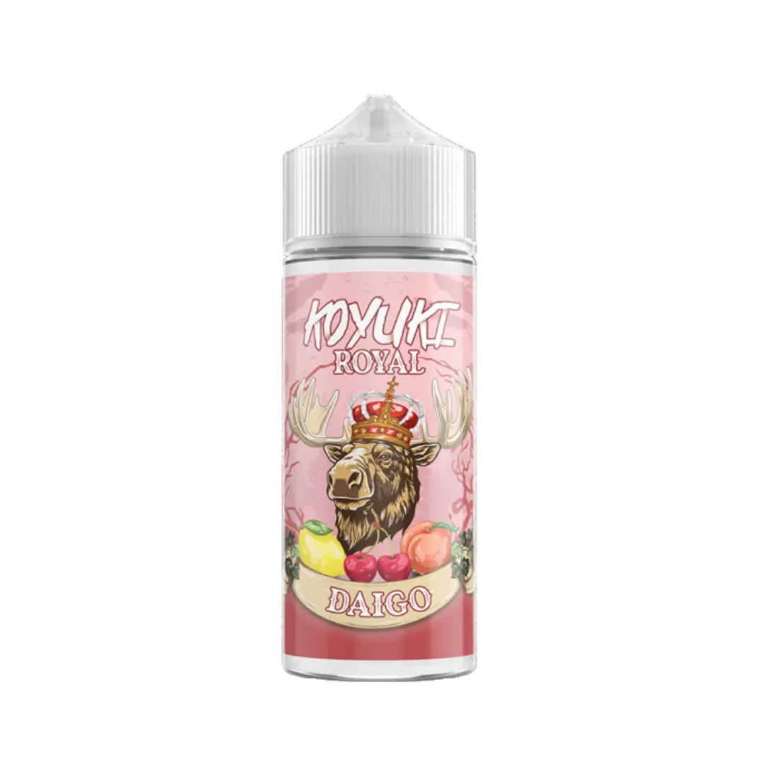 KOYUKI Royal Daigo 100ml shortfill e-liquid bottle with a crowned moose and fruit illustrations.