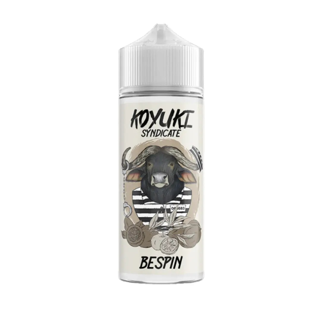 Koyuki Syndicate Bespin 100ml shortfill bottle with a cow in a striped outfit on the label.