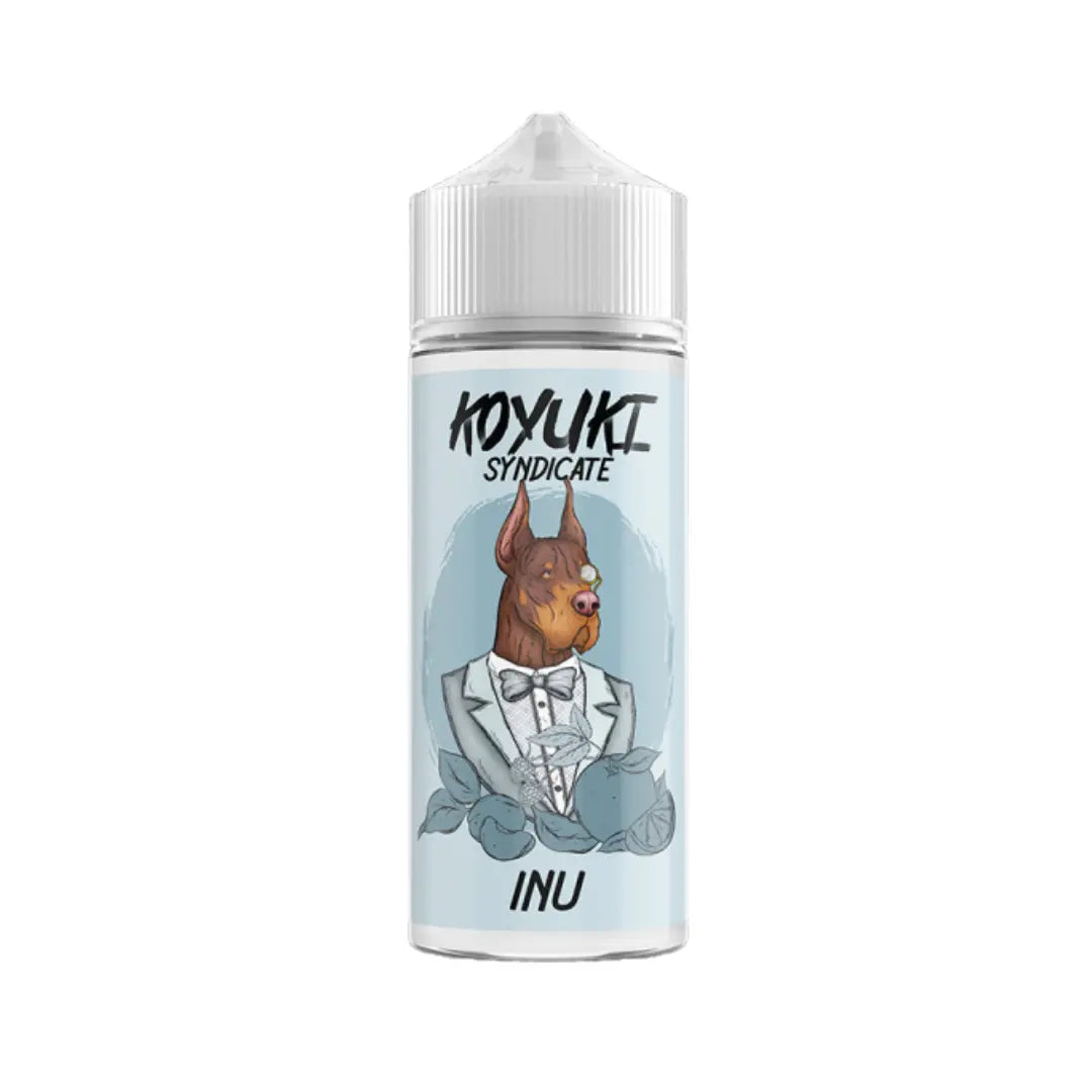 Koyuki Syndicate Inu 100ml shortfill bottle with dog illustration on a light blue label.