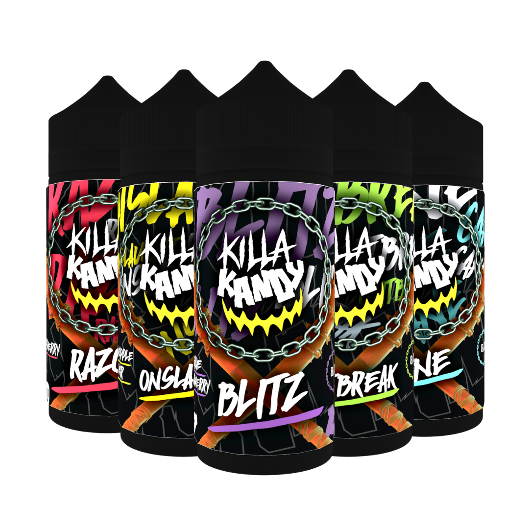 Five Killa Kandy vape juice bottles: Raz, Onslaught, Blitz, Break, Live, in vibrant colours.