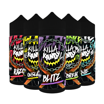 Five Killa Kandy vape juice bottles: Raz, Onslaught, Blitz, Break, Live, in vibrant colours.