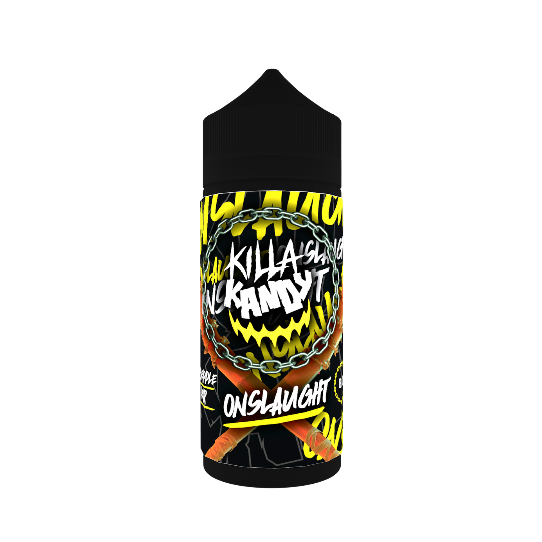 Killa Kandy Onslaught 100ml shortfill e-liquid bottle with vibrant, bold design.