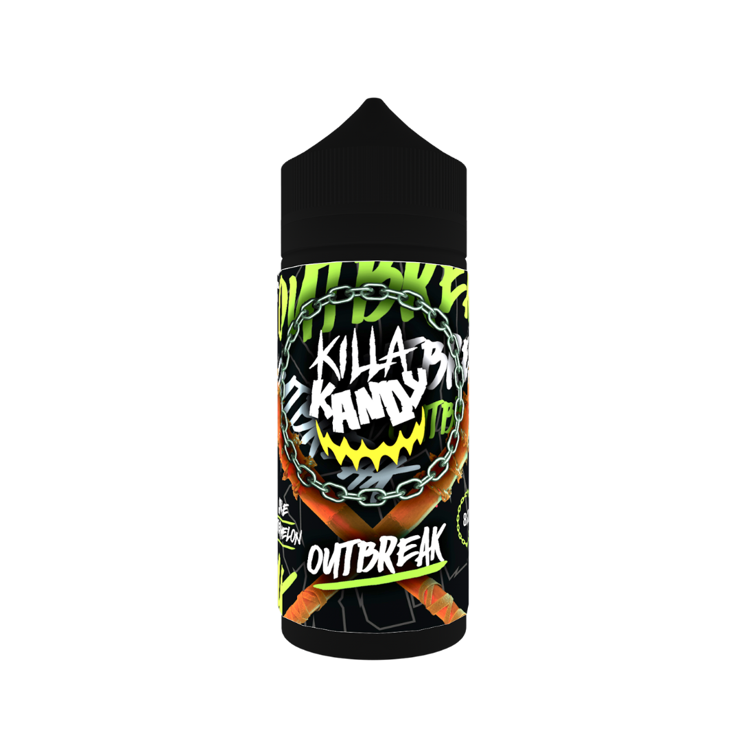 Killa Kandy Outbreak 100ml shortfill bottle with vibrant, edgy design and chain graphics.