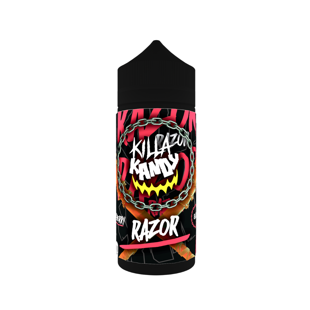 Killa Kandy Razor vape juice bottle, 100ml shortfill, with vibrant black and pink design.