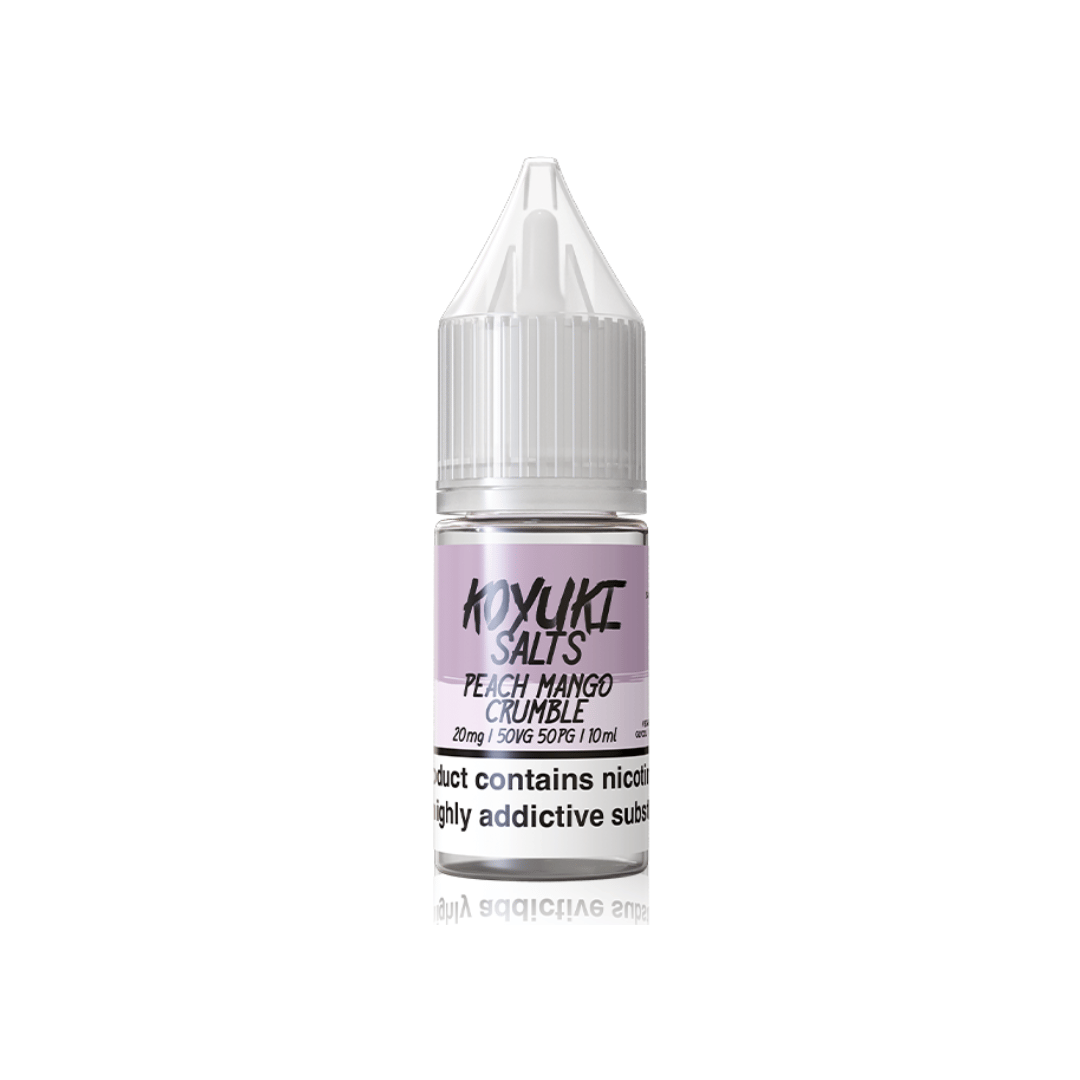 Koyuki Salts Peach Mango Crumble 10ml bottle with a clear cap and purple label.