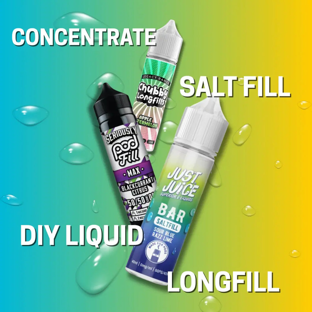 Collection of vape juice bottles with labels indicating concentrate, salt fill, DIY liquid, and longfill on a gradient background.