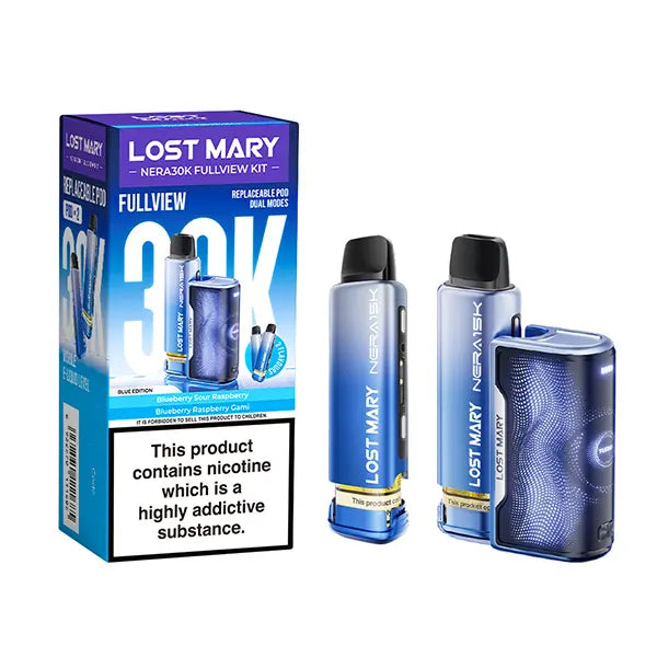 Lost Mary Nera 30K Blue Edition refillable vape with fullview display and Blueberry Raspberry Gami pods