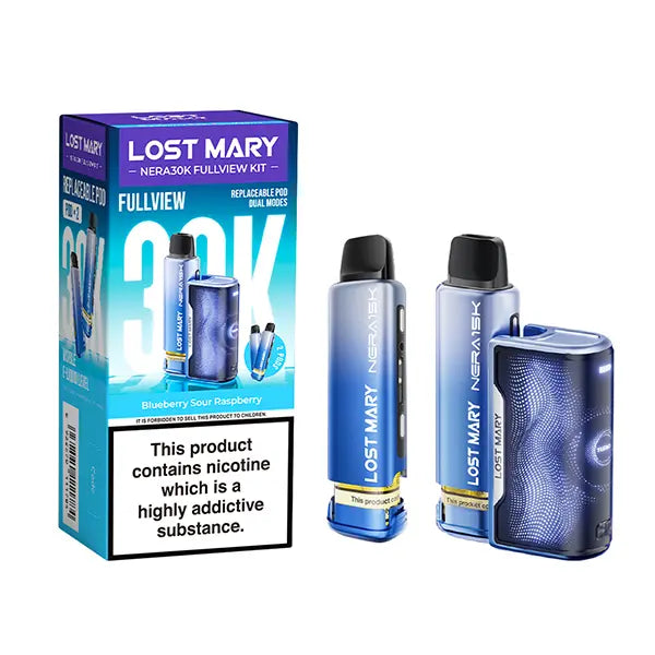 Lost Mary Nera fullview vape kit featuring Blueberry Sour Raspberry - 30,000 puff refillable pod system