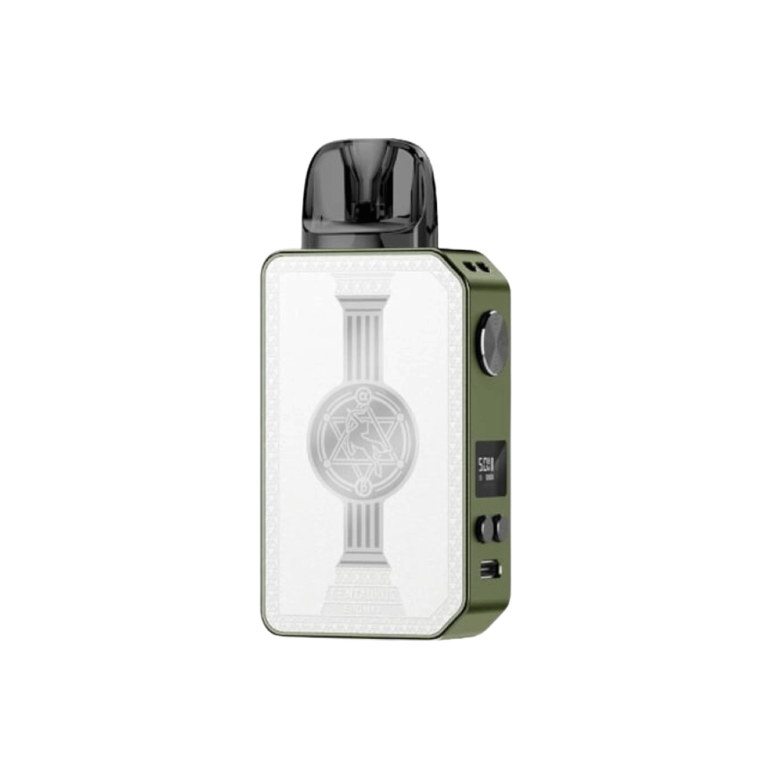 Lost Vape Centaurus E40 Max Pod Kit in olive green with decorative panel and display screen.