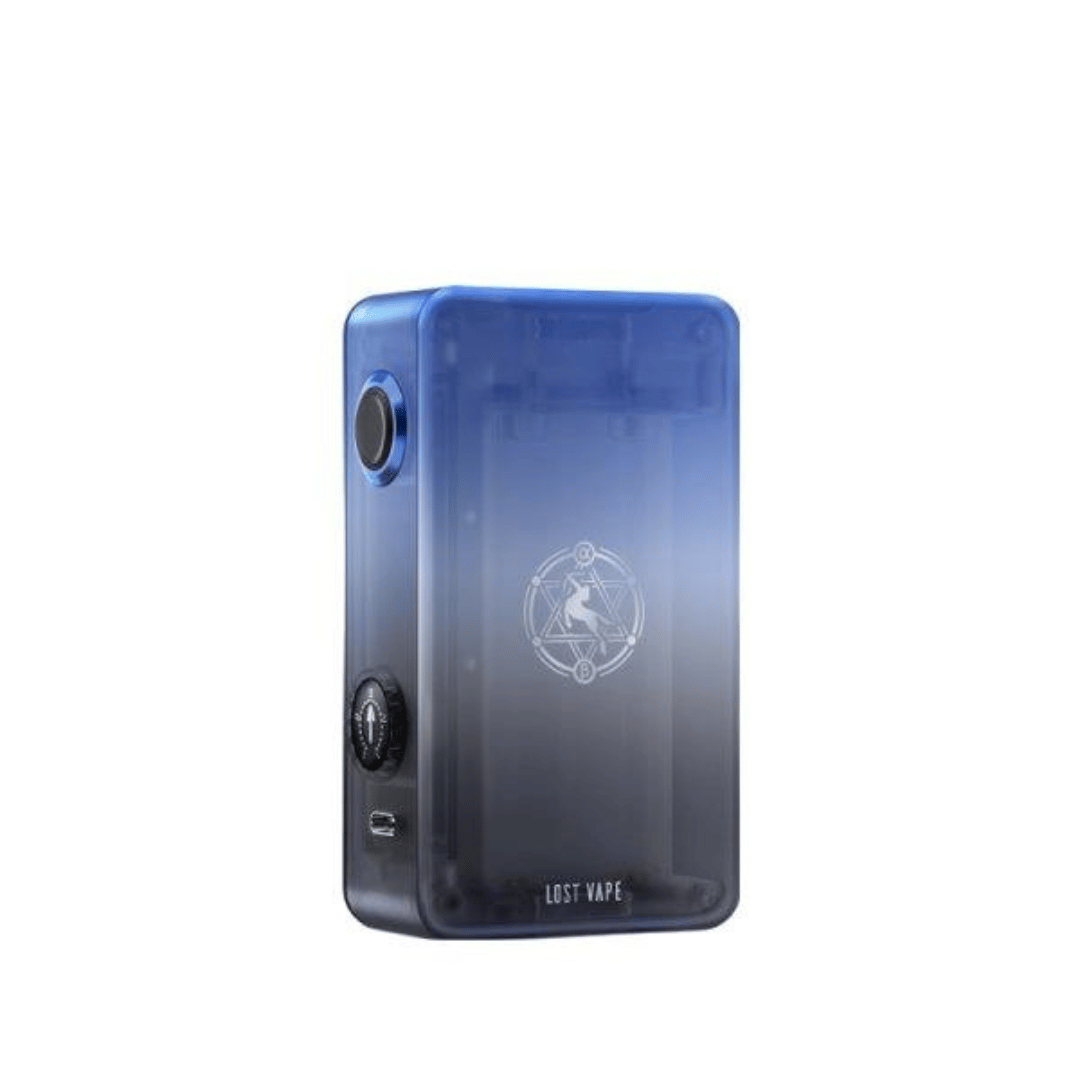 Lost Vape Centaurus P200 Box Mod in blue thunder with a sleek, transparent design.