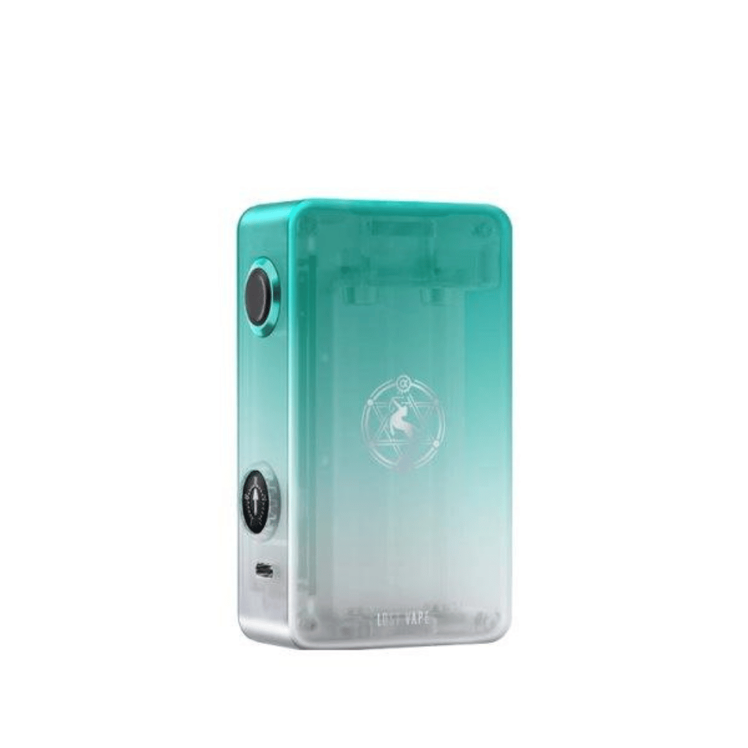 Lost Vape Centaurus P200 Box Mod in green, transparent design with branding visible.