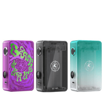 Three Lost Vape Centaurus P200 Box Mods in purple, black, and teal, side by side.