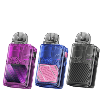 Three Lost Vape Thelema Elite ART 40 Pod Kits in pink, blue, and black.