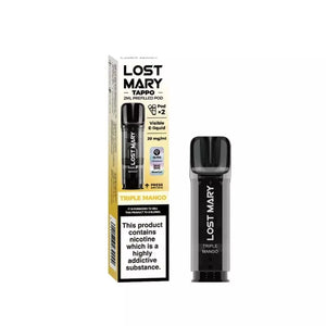 Lost Mary Tappo Prefilled Vape Pod Containing Triple Mango Flavoured 20mg Nic Salt E-liquid for the Lost Mary Tappo Pro Pod Kit