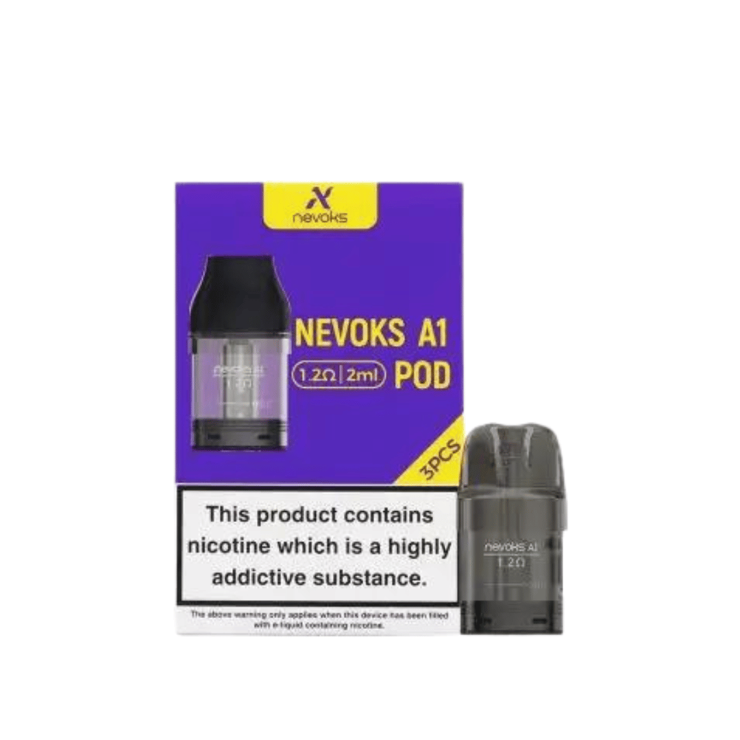 Nevoks A1 replacement pod cartridge packaging with nicotine warning label.