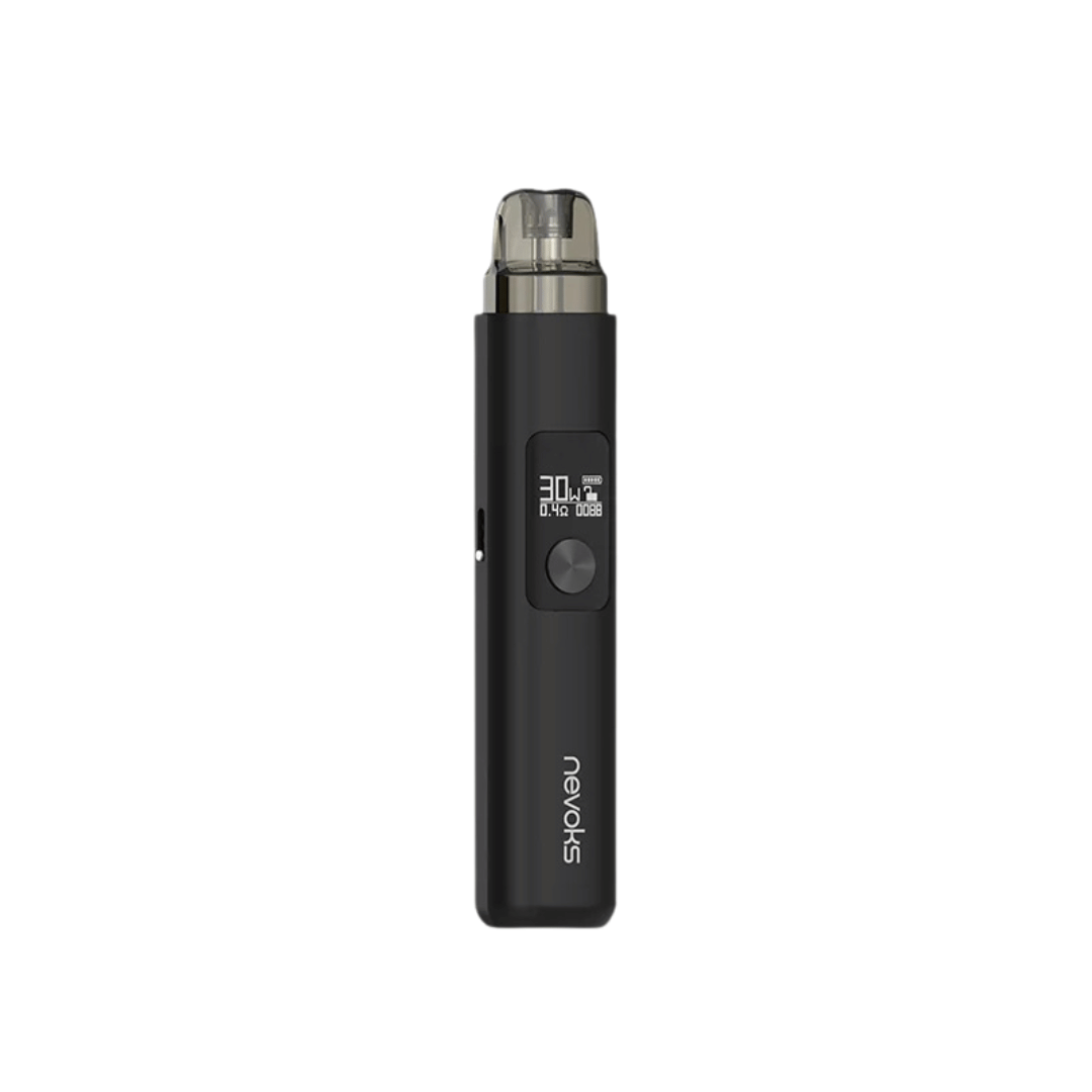 Nevoks Feelin AX Pod Kit in midnight black with a digital display and sleek design.