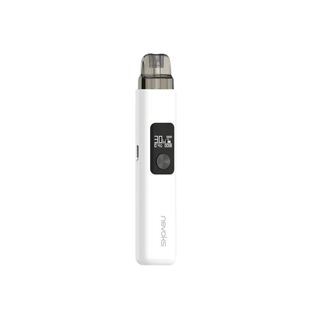 Nevoks Feelin AX Pod Kit in pearl white, featuring a digital display and sleek design.