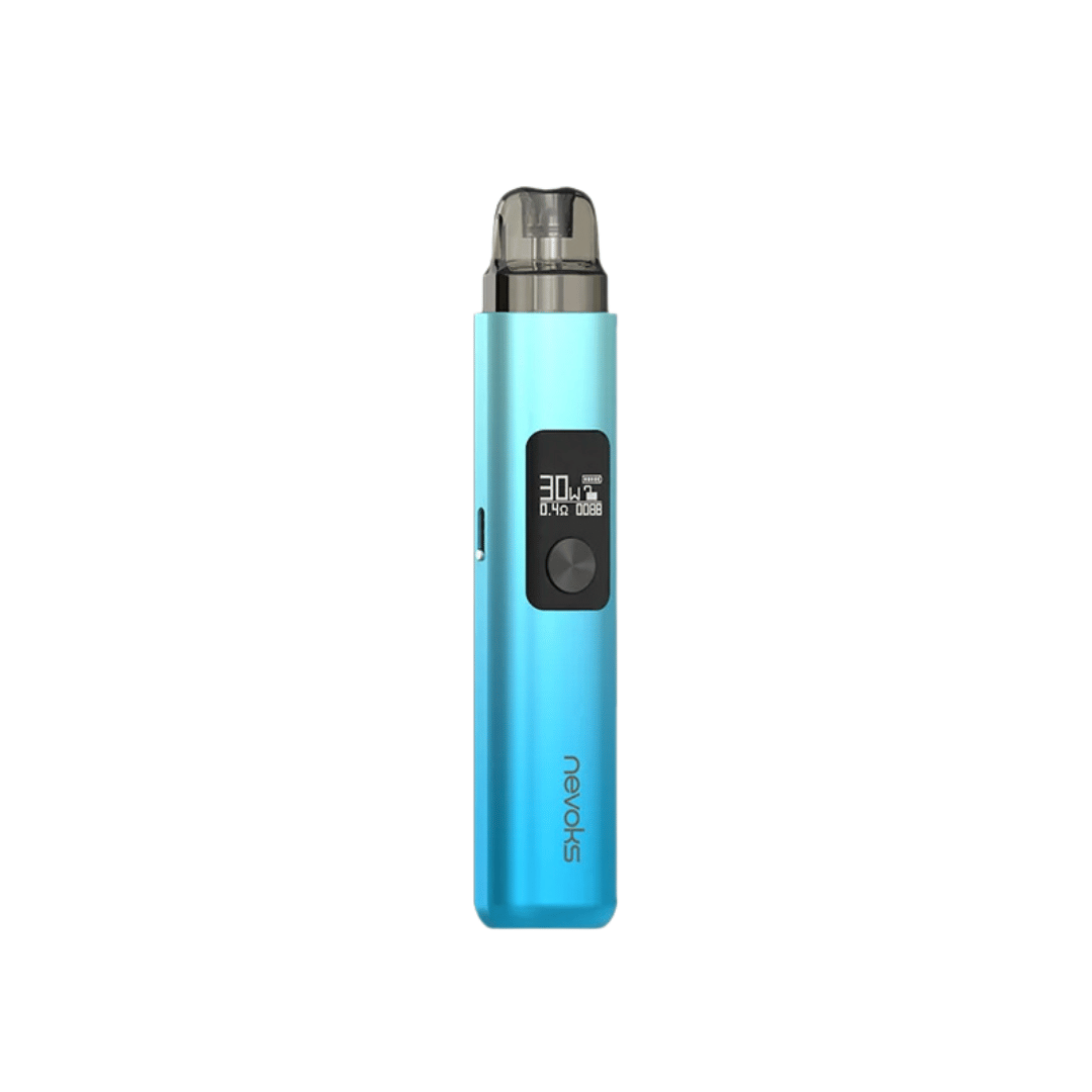 Nevoks Feelin AX Pod Kit in sky blue with display and button, against a white background.