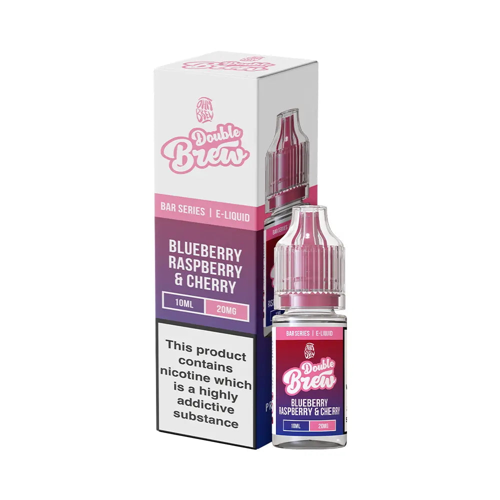 Ohm Brew Double Brew 10ml Nic Salt, Blueberry Raspberry Cherry e-liquid bottle and box.